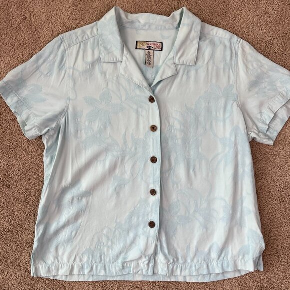 Caribbean Joe Petite Shirt Womens PL Blue Silk Button Tropical Floral Hawaiian - Picture 1 of 7
